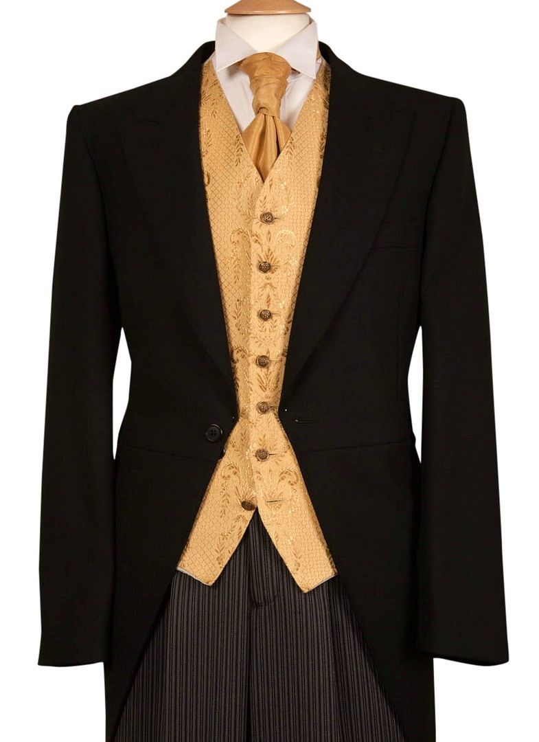 MENS WEDDING SUIT HIRE £50 COMPLETE PACKAGE BLACK TAILS GOLD WAISTCOAT
