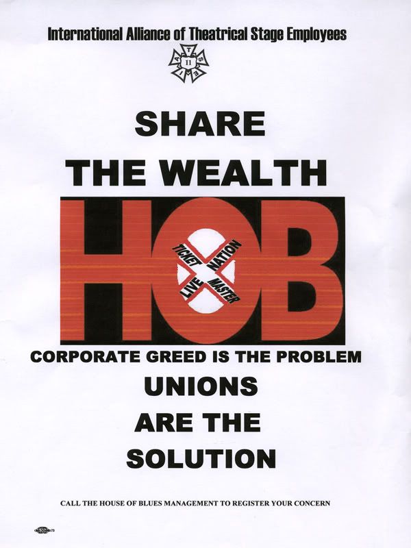 House of Blues Boston LIve Nation Comcast Center Orpheum Theatre non- union labor IATSE Organizing effort leaflet