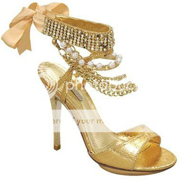 GOLD ANKLE CHAIN PEARL DIAMANTE CUFF RIBBON TIE BACK HIGH HEELS EVENING ...